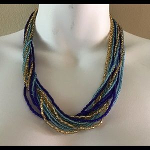 Blue and gold beaded necklace